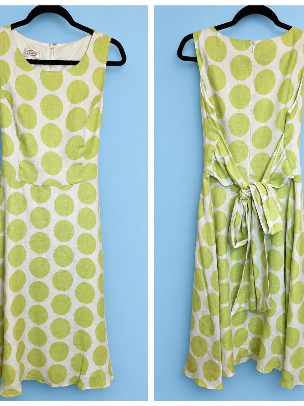 Talbots White Dress with Lime Green Polka Dots, Tie-Back Waist